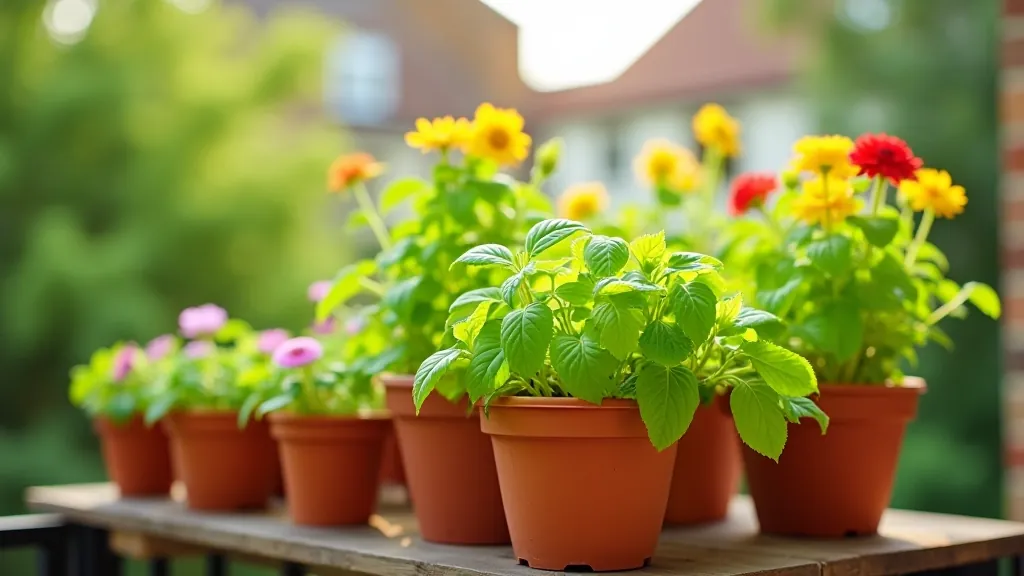 Vibrant container garden with herbs and flowers on a sunny UK balcony