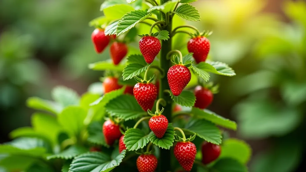 Cascading strawberry tower with red strawberries visible at multiple levels, terracotta-colored stacked planting system in afternoon sunlight