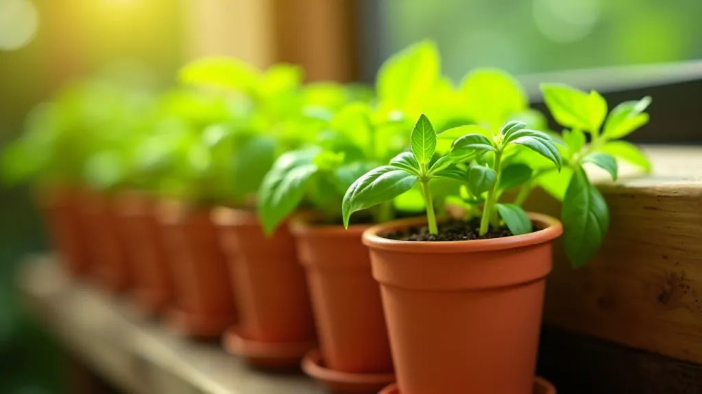 Healthy herb seedlings growing in small terracotta pots with natural morning light