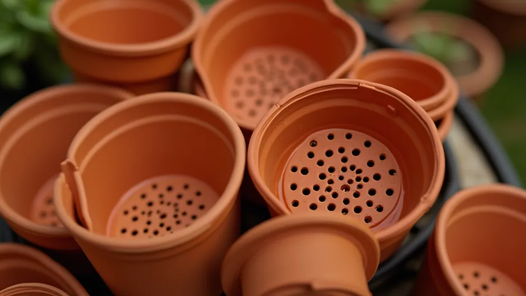 Close-up of drainage holes in the bottom of various terracotta and plastic pots, showing proper drainage setup