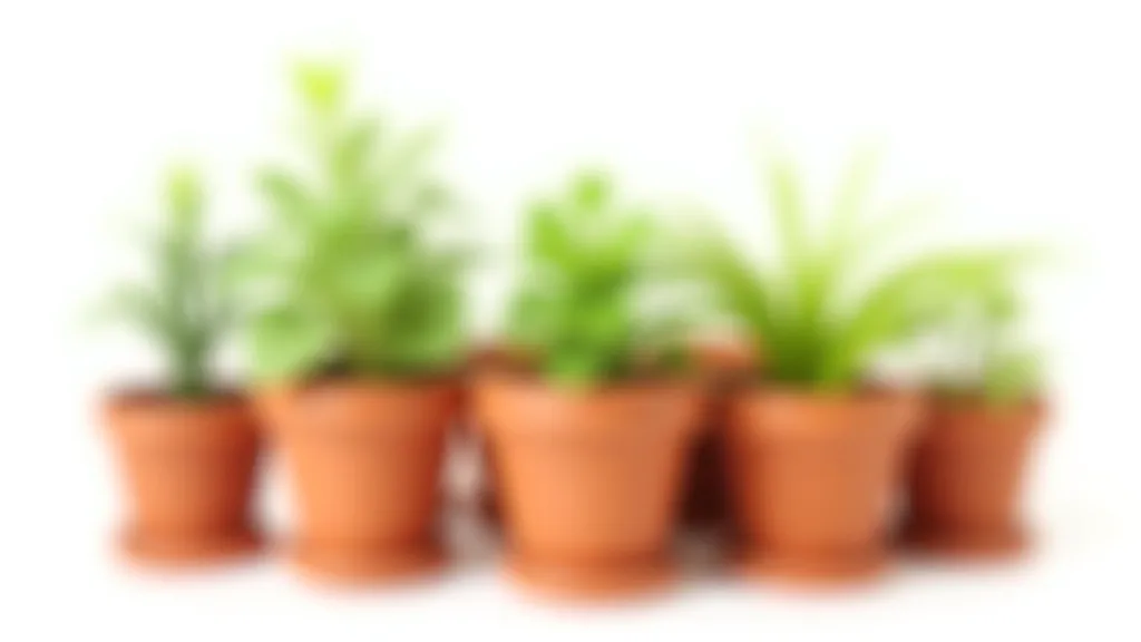 Close-up of terracotta and ceramic herb pots with drainage holes visible at the bottom