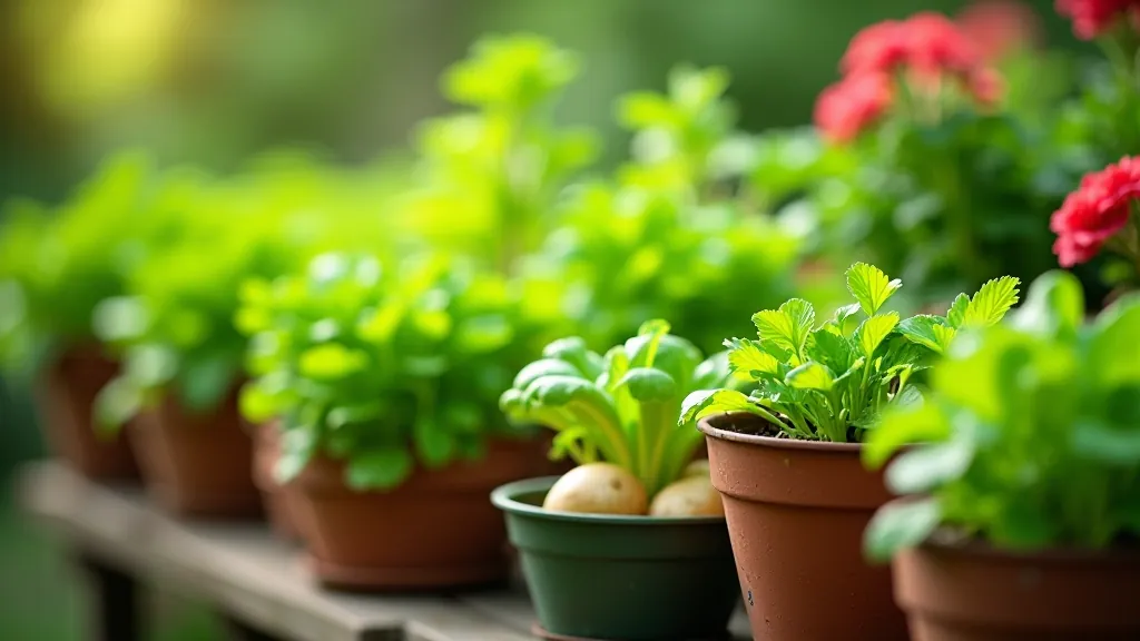 Potted tomato plants and lettuce growing in containers on a patio garden