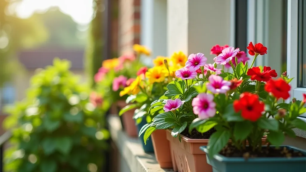 Mixed flower containers with petunias, marigolds and trailing ivy on a small balcony