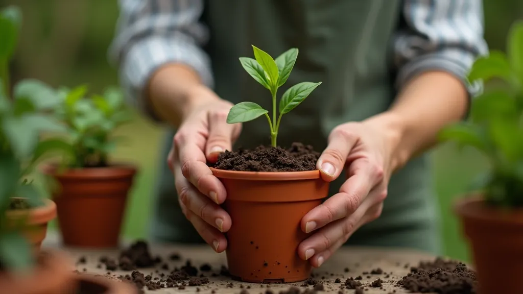 Hands planting a seedling in a terracotta pot with fresh potting soil