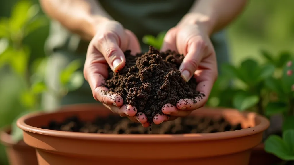 Hand pouring multipurpose compost into a terracotta window box, showing texture and consistency