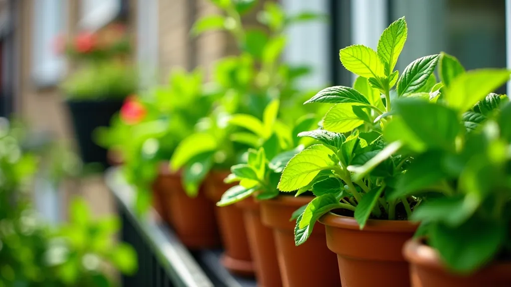 Thriving container garden with herb plants and flowers in multiple pots on a bright balcony
