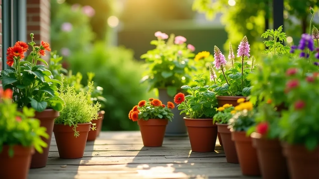 Well-organized patio with containers arranged by height, showing various herbs and flowering plants
