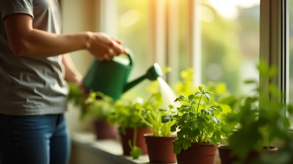 Woman watering herb window box with a small watering can on a sunny morning