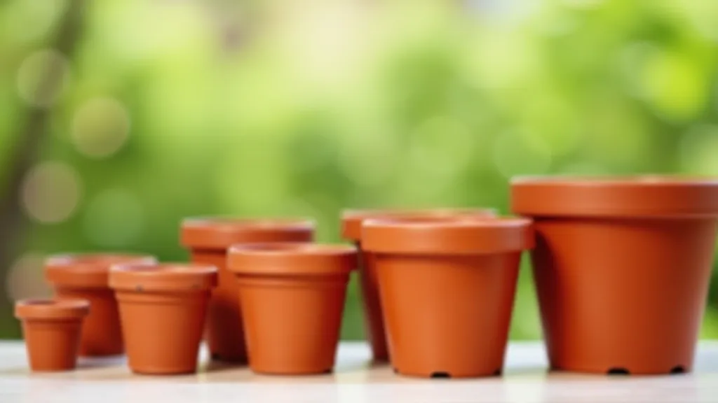 Selection of terracotta and ceramic pots in various sizes arranged in rows, showing 15cm, 25cm, and 35cm diameters for comparison