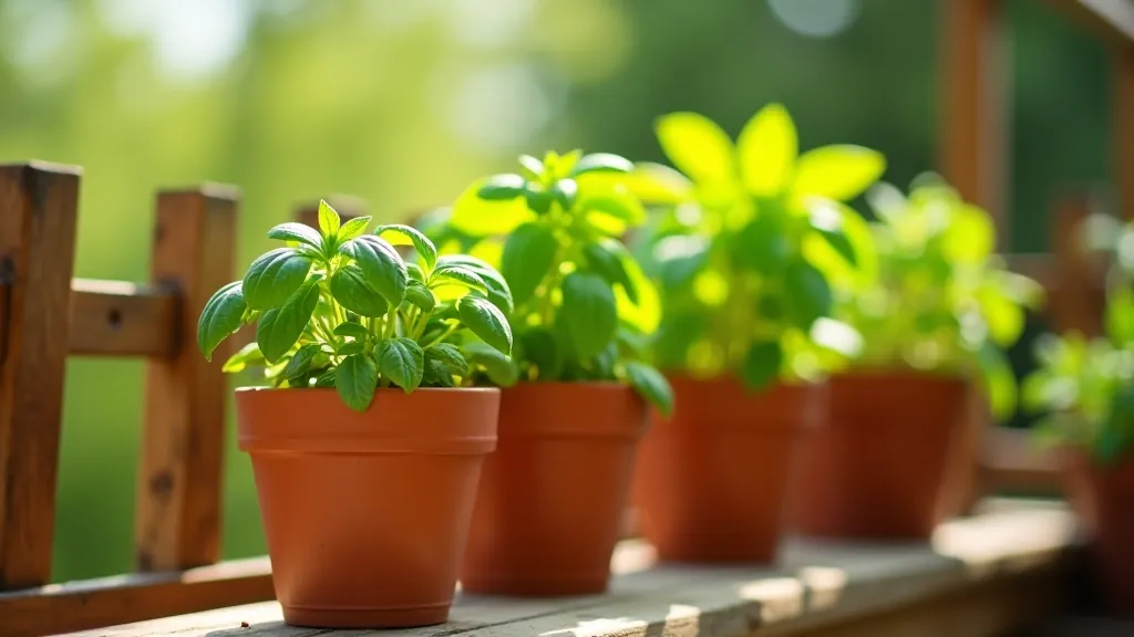 Fresh green herbs in terracotta pots on a sunny balcony with wooden railings