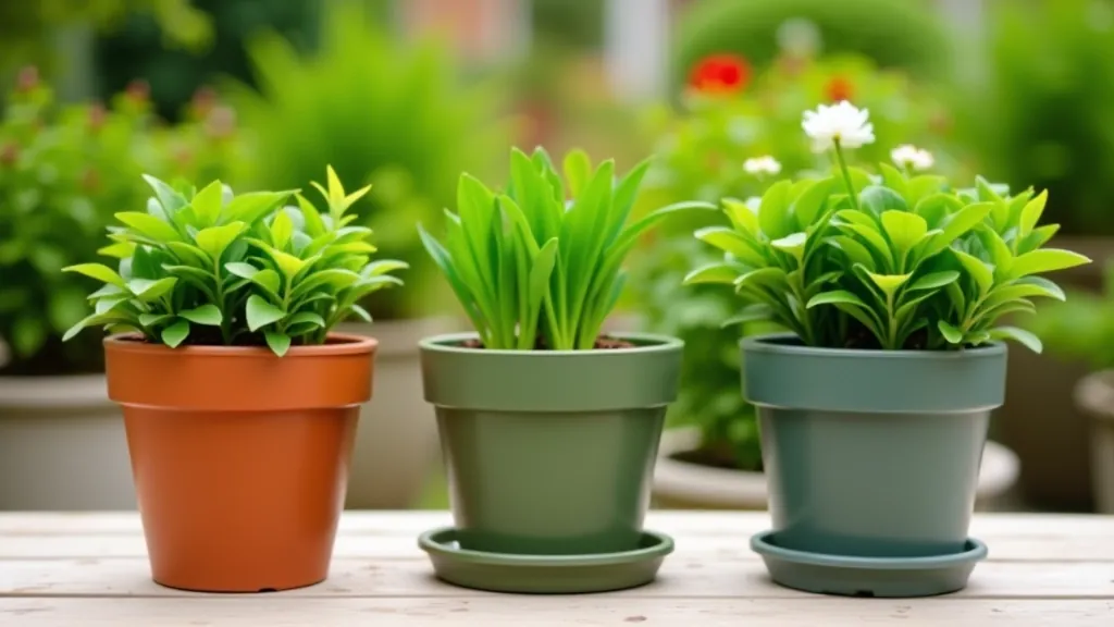 Different pot materials displayed side by side: terracotta, glazed ceramic, and plastic containers in a garden setting