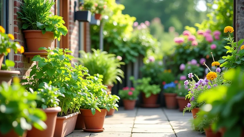 Container garden on a UK patio with herb window boxes and vertical planters