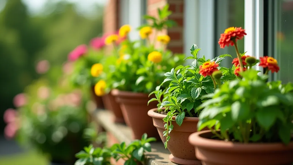 Mature container garden on a UK balcony with various sized pots containing herbs, flowers, and vegetables in full growth