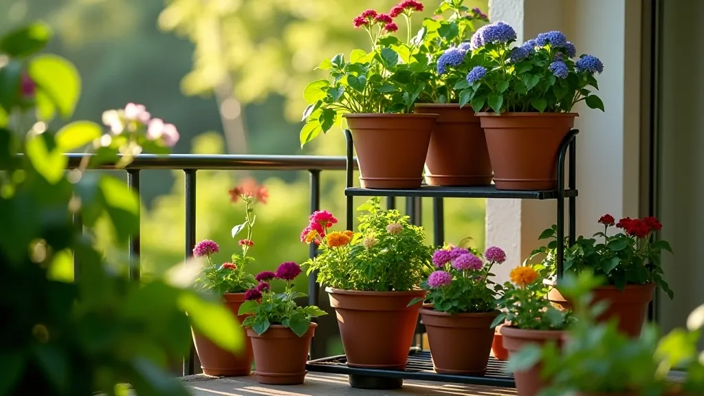 Tiered metal plant stand with three levels holding various flowering plants and herbs on a sunny balcony corner