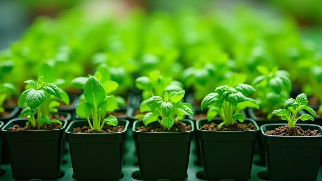 Variety of potted herb seedlings arranged together showing basil, mint, parsley, and thyme at nursery