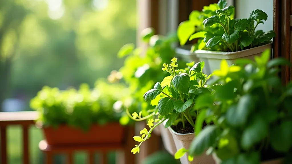 Lush vertical herb garden on a sunny balcony wall with multiple tiers of fresh herbs in pocket planters, wooden railing visible