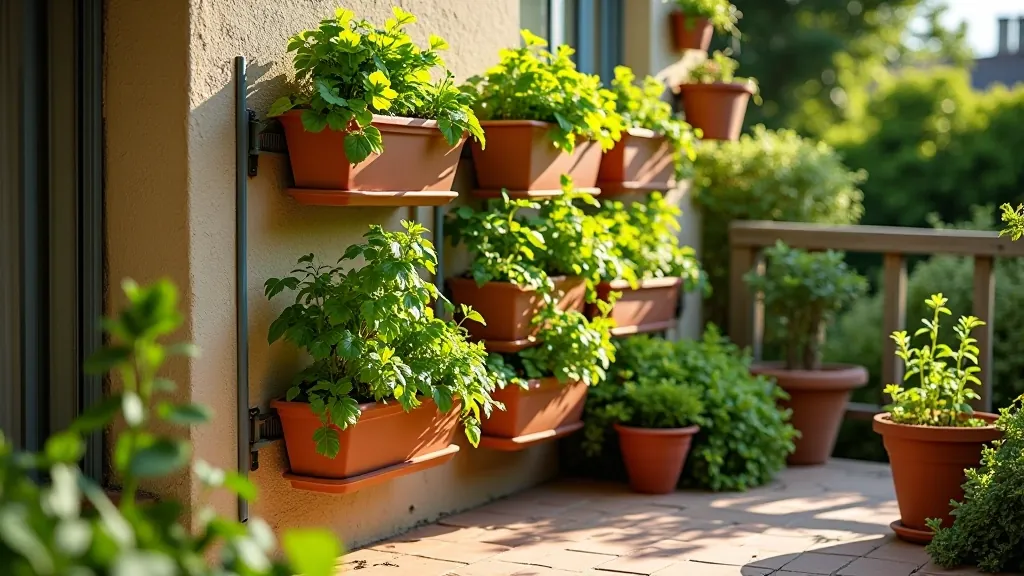 Vertical green wall planter system with multiple small plants on a patio wall