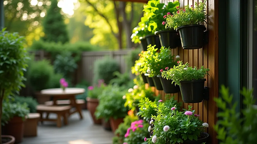 Vertical wall-mounted planter system with trailing ivy and small flowering plants on a patio wall