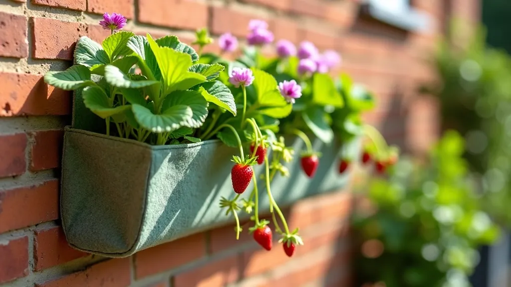 Wall-mounted felt pocket planter system installed on brick patio wall with strawberries and trailing flowers in each pocket