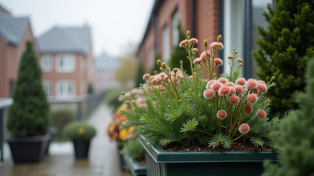 Winter container garden with evergreen plants and frost-resistant flowers