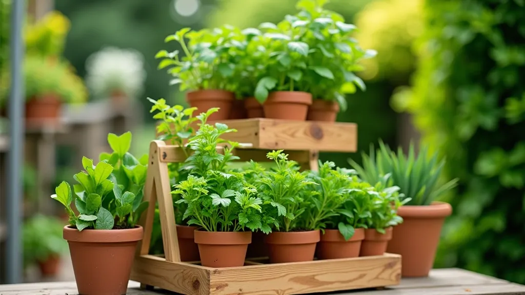 Wooden tiered plant stand with multiple herb pots arranged by height on a patio