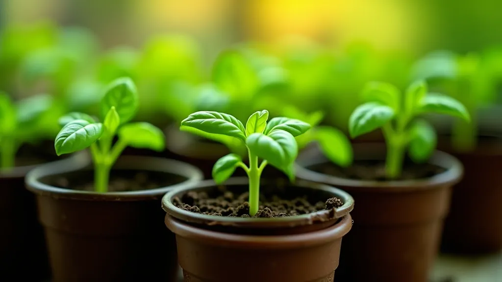 Close-up of healthy herb seedlings in small pots ready for transplanting to window boxes